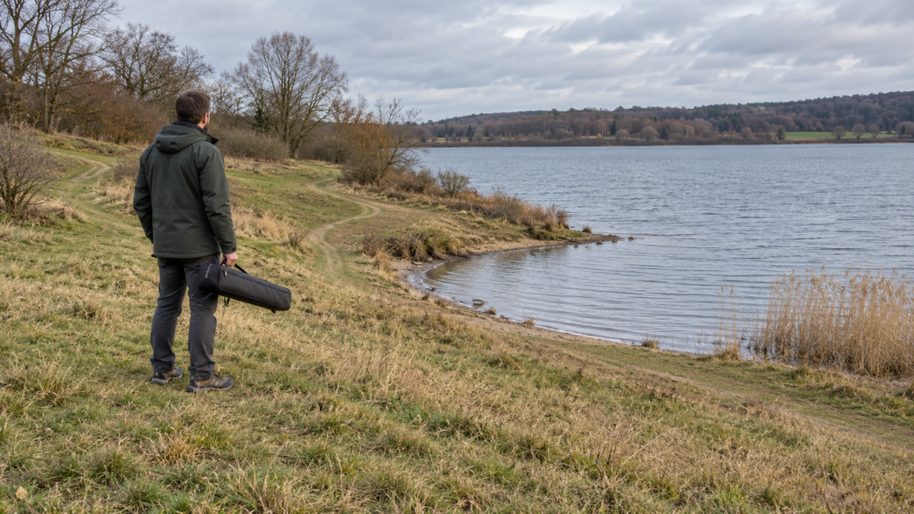 Ein Erwachsener mit geschlossenem Rutenfutteral steht auf einer Wiese und schaut auf eine Seebucht; am Ufer verlaufen schmale Pfade.