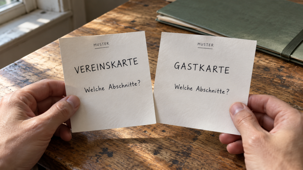 Zwei schlichte Musterblätter „VEREINSKARTE“ und „GASTKARTE“ liegen nebeneinander; unter beiden steht die offene Frage „Welche Abschnitte?“.