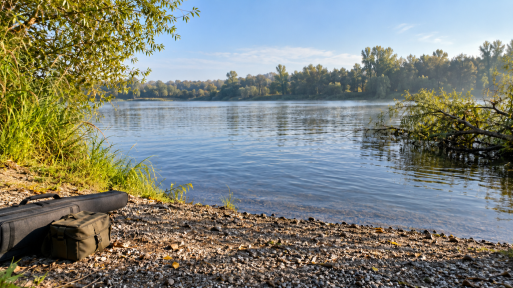 Ein geschlossenes Rutenfutteral und eine Tasche liegen am Kiesufer; vor ihnen liegt offene Wasserfläche, rechts ein Ast.