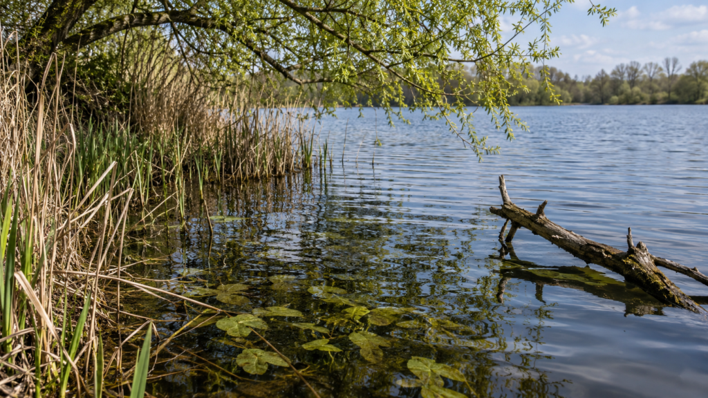 Schilf, Wasserpflanzen, überhängende Zweige und ein teils im Wasser liegender Ast grenzen an offenes Wasser.