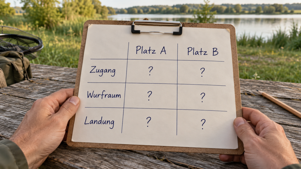Ein Klemmbrett zeigt die Spalten „Platz A“ und „Platz B“ und die Zeilen „Zugang“, „Wurfraum“ und „Landung“ mit Fragezeichen.
