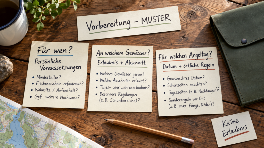 Muster von Vorbereitungskarten mit Fragen zu persönlichen Voraussetzungen, Gewässererlaubnis und Regeln für den Angeltag