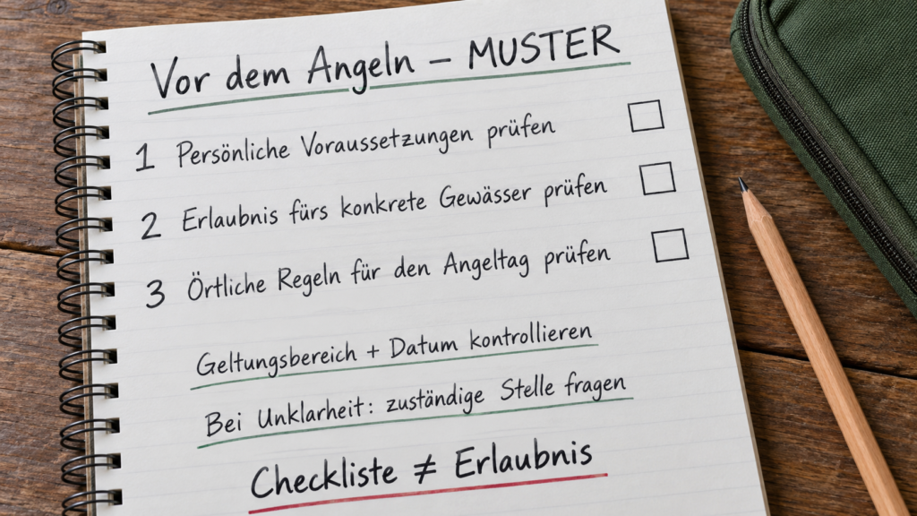 Dreiteilige Mustercheckliste für persönliche Voraussetzungen, Gewässererlaubnis und örtliche Regeln mit offenen Prüffeldern