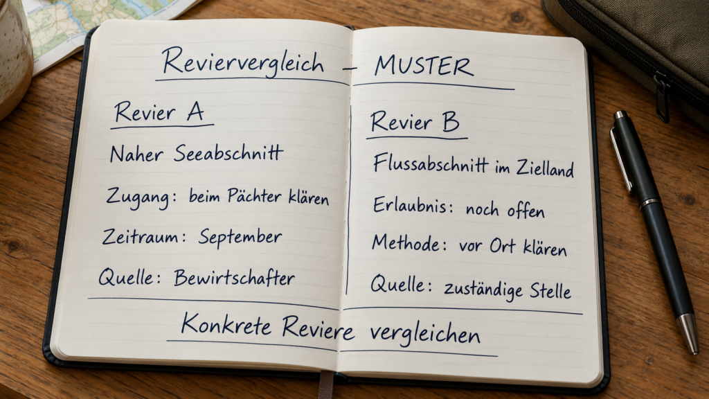 Notizbuch mit zwei fiktiven Revierkandidaten und offenen Fragen zu Zugang, Erlaubnis und Methode