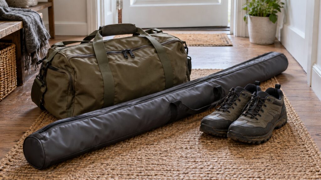 Reisetasche, gepolstertes Rutenfutteral und Schuhe liegen im Flur bereit