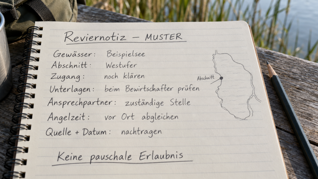 Reviernotiz für einen fiktiven Beispielsee mit Abschnittsskizze und offenen Angaben zu Zugang, Unterlagen und Quellenstand