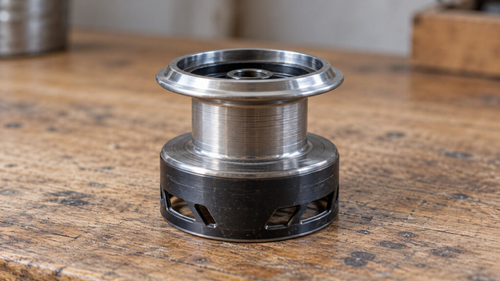 Einzelne leere Metallspule mit sichtbarem Spulenkern