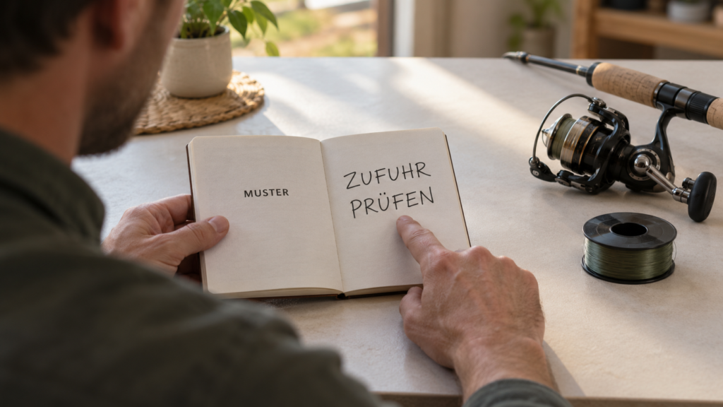 Ein offenes Heft zeigt „ZUFUHR PRÜFEN“; daneben liegen eine ruhende Rolle und eine separate Vorratsspule, eine Hand weist auf die Notiz.