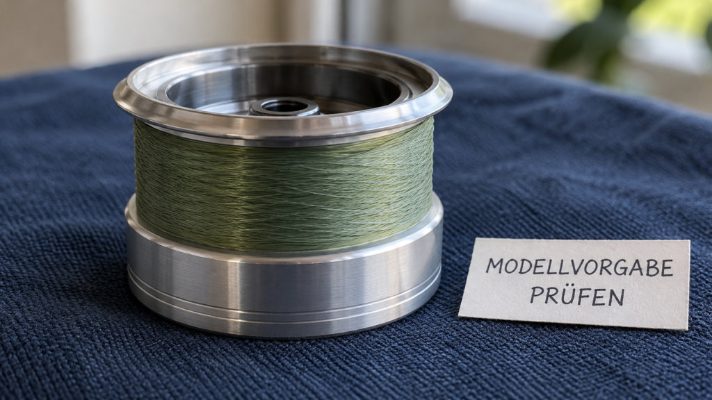 Eine einzelne silberne Rollenspule zeigt grünliche Schnur und eine überstehende Metalllippe; daneben liegt der Hinweis „MODELLVORGABE PRÜFEN“.