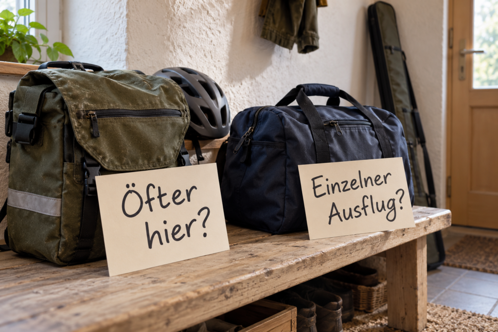 Besuche für den eigenen Angelalltag planen Zwei Taschen mit den Fragekarten „Öfter hier?“ und „Einzelner Ausflug?“ auf einer Holzbank; dahinter Helm und geschlossene Rutentasche.