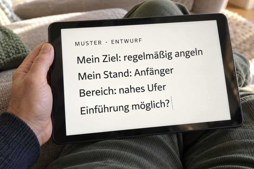 Die erste Anfrage als kurzen Entwurf vorbereiten Tablet auf dem Schoß mit einem Musterentwurf zu regelmäßigem Angeln, Kenntnisstand Anfänger, nahem Ufer und der Frage nach einer Einführung.