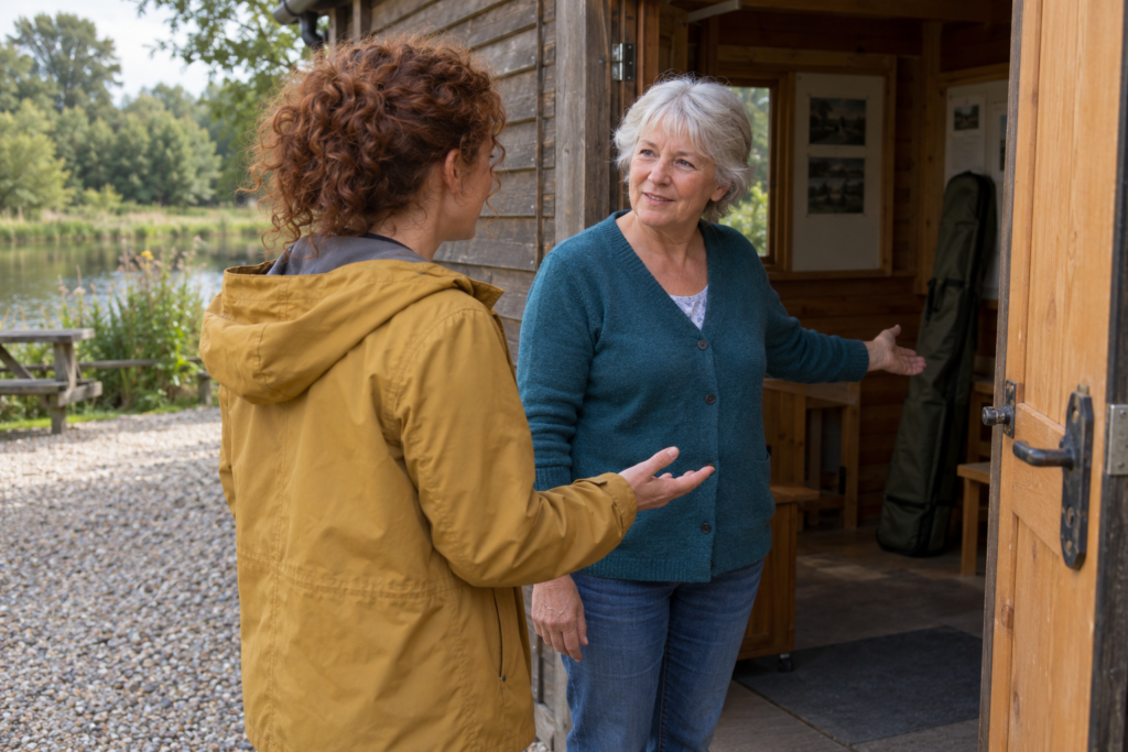 Ein erstes Gespräch vor Ort Zwei Frauen sprechen am offenen Eingang eines Holzhauses; eine weist mit offener Hand nach innen, wo ein geschlossenes Rutenfutteral steht.