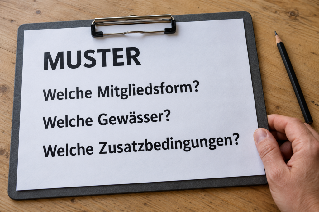 Vereinszugang mit drei Fragen prüfen Muster-Prüfblatt auf einem Klemmbrett mit Fragen zu Mitgliedsform, Gewässern und Zusatzbedingungen.