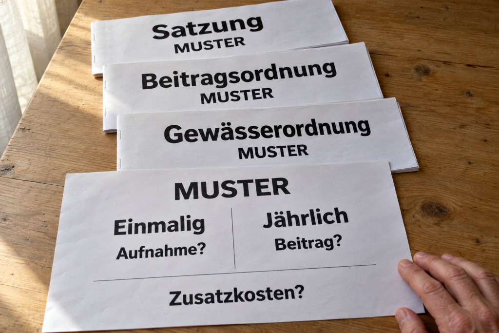 Vereinskosten mit Musterunterlagen vergleichen Drei als Muster bezeichnete Hefte zu Satzung, Beitragsordnung und Gewässerordnung hinter einem Kostenblatt mit Einmalig, Jährlich und offenen Kostenfragen