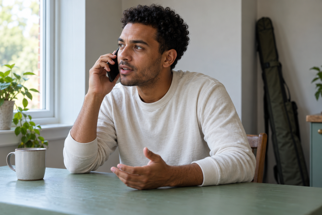 Rückfragen in Ruhe am Telefon klären Ein Mann sitzt am grünen Tisch, hält ein Smartphone ans Ohr und hebt die freie Hand zum Gespräch; im Hintergrund steht ein geschlossenes Rutenfutteral.