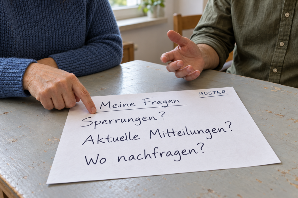 Nach Sperrungen und aktuellen Mitteilungen fragen Zwei Erwachsene am Tisch mit einer Musterfragenliste zu Sperrungen und aktuellen Mitteilungen; eine Hand zeigt auf das Blatt, die andere ist zum Gespräch geöffnet