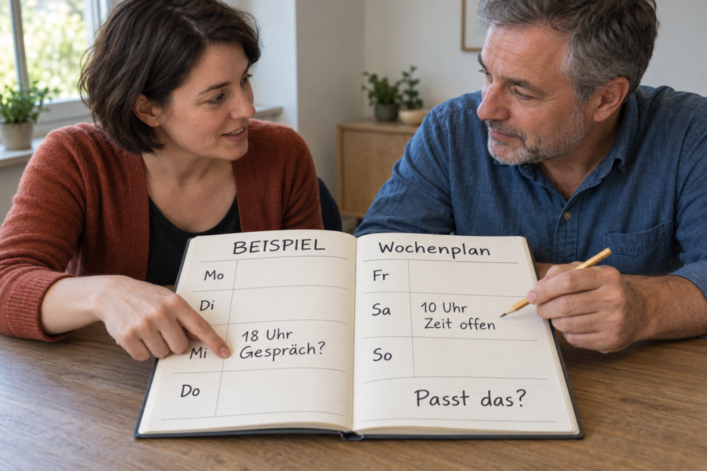 Terminwünsche im Wochenplan besprechen Zwei Erwachsene besprechen am Tisch einen geöffneten Beispiel-Wochenplan mit Uhrzeiten; eine Person zeigt auf Mittwoch, die andere hält einen Bleistift.
