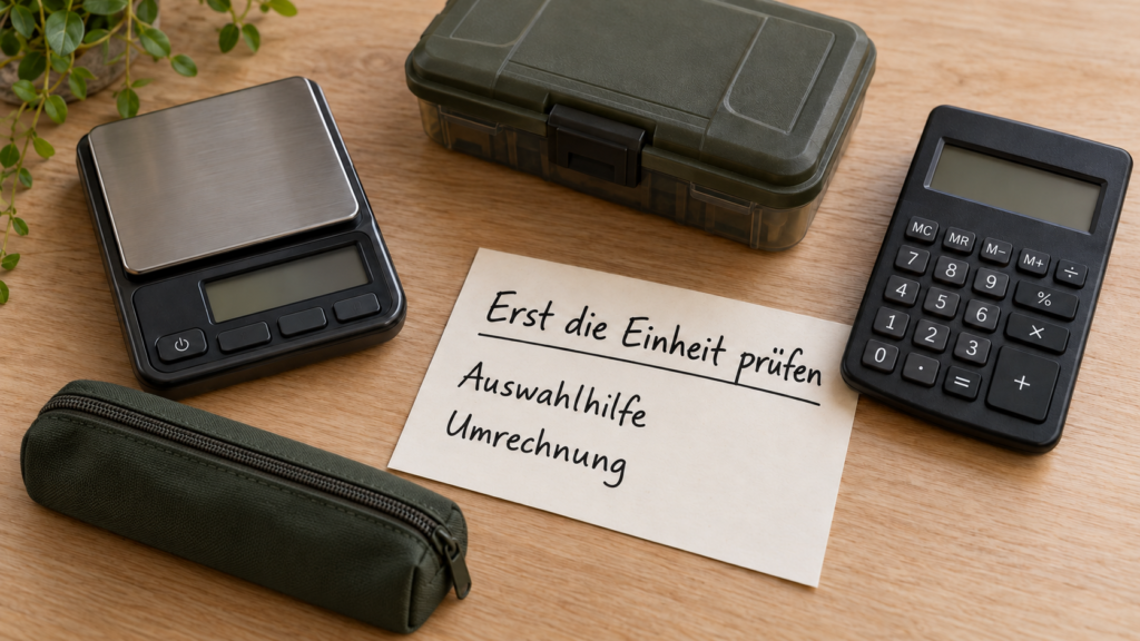 Ausgeschaltete Taschenwaage und Taschenrechner neben Box, Etui und Karte zur Einheitenprüfung