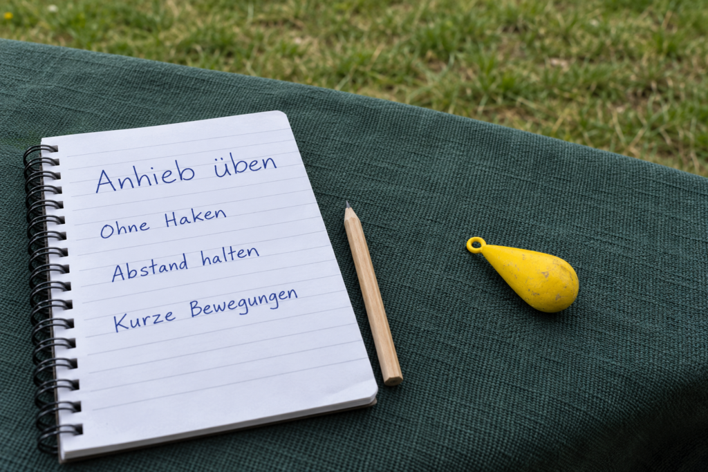 Gelbes stumpfes Übungsgewicht ohne Haken neben einem Notizbuch mit Merkpunkten für die Anhiebübung.