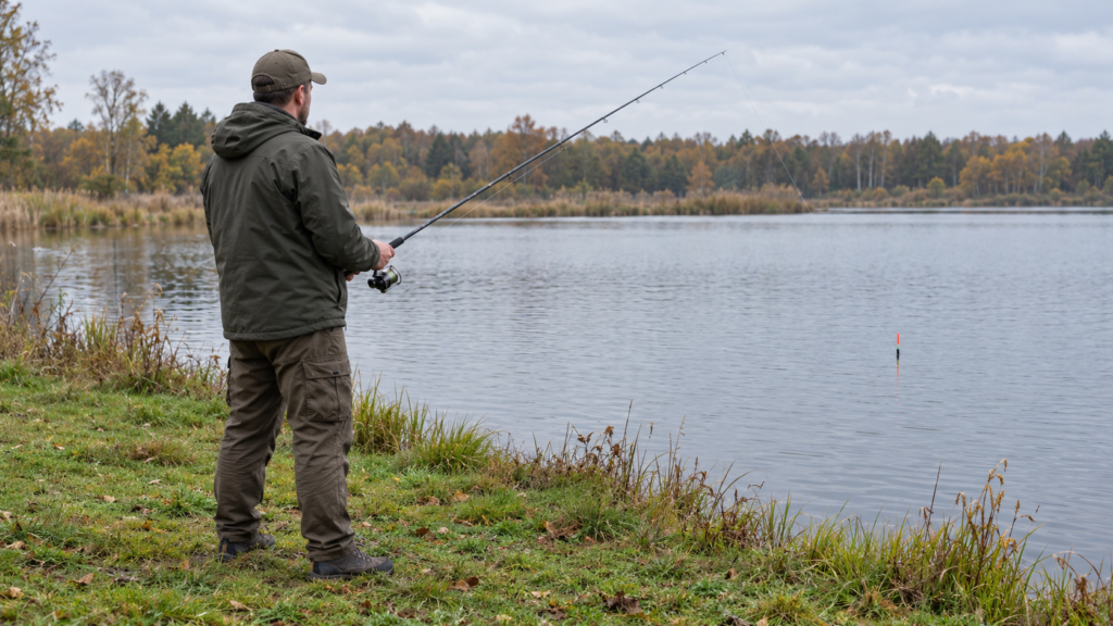 Ein Angler hält eine Rute schräg vor dem Körper; eine dünne Schnur führt von der Spitze zur Pose im Wasser.
