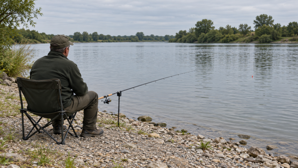 Eine Person sitzt am Kiesufer vor einer niedrig abgelegten Rute und schaut zur roten Pose auf dem Wasser.