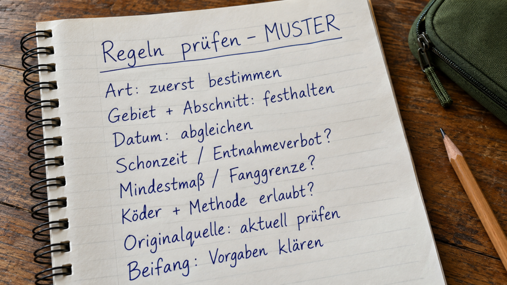 Muster-Notizseite zur Prüfung von Art, Gebiet, Datum, Schonzeit, Mindestmaß und Fanggrenzen.