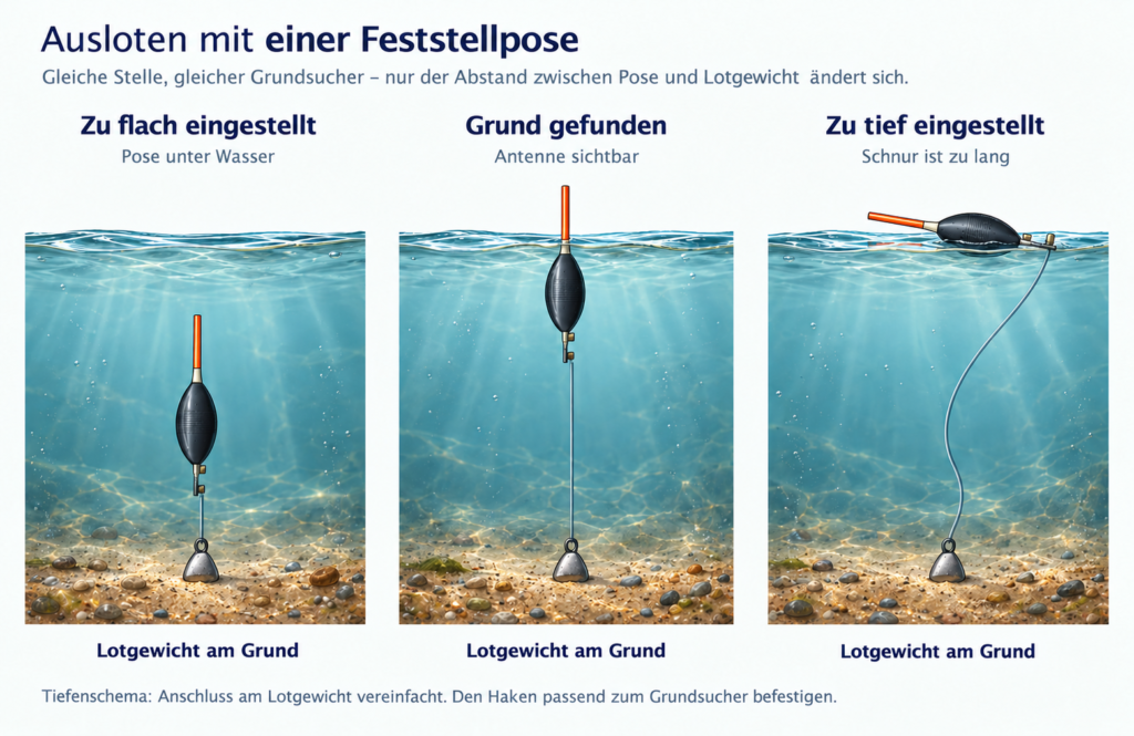 Tiefenschema einer Feststellpose: zu kurze Einstellung mit untergetauchter Pose, passende Einstellung mit sichtbarer Antenne und zu lange Einstellung mit liegender Pose; alle Lotgewichte liegen am Grund