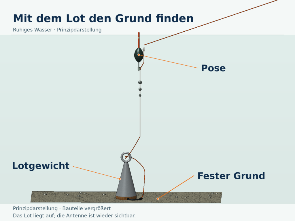 Prinzipzeichnung einer Feststellpose mit sichtbarer Antenne und zusätzlichem Lotgewicht, das auf festem Grund aufliegt.