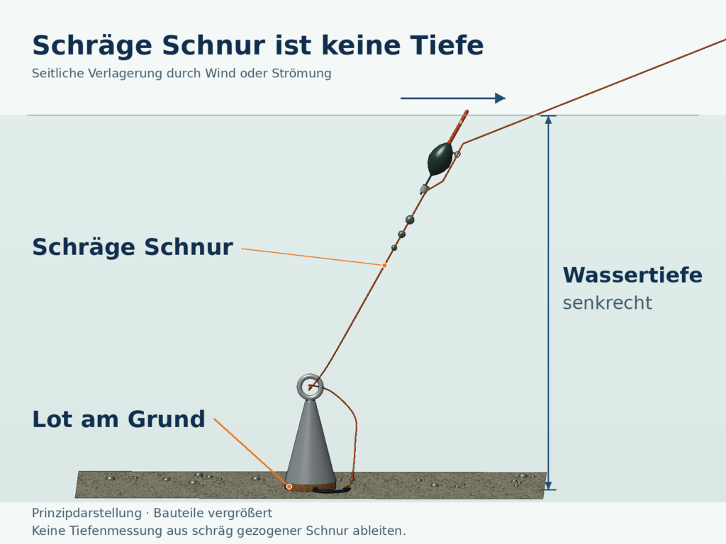 Räumliche Prinzipzeichnung: Eine schräg stehende Pose ist über orange Schnur mit einem Lot am Grund verbunden; eine separate blaue Linie zeigt die senkrechte Wassertiefe.