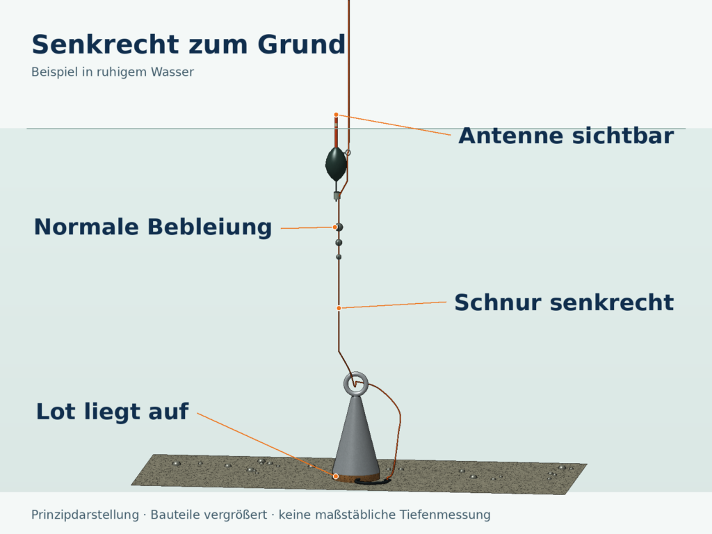 Räumliche Prinzipzeichnung einer Feststellpose mit sichtbarer Antenne, drei Bleischroten und nahezu senkrechter Schnur zu einem Lot mit Korkboden auf festem Grund. Die Hakenspitze steckt seitlich im Kork.