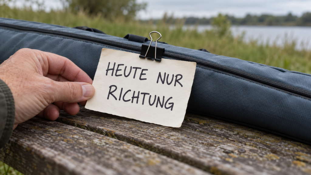Eine kleine Karte mit den handgeschriebenen Zeilen „HEUTE NUR“ und „RICHTUNG“ ist an einem geschlossenen Futteral befestigt.