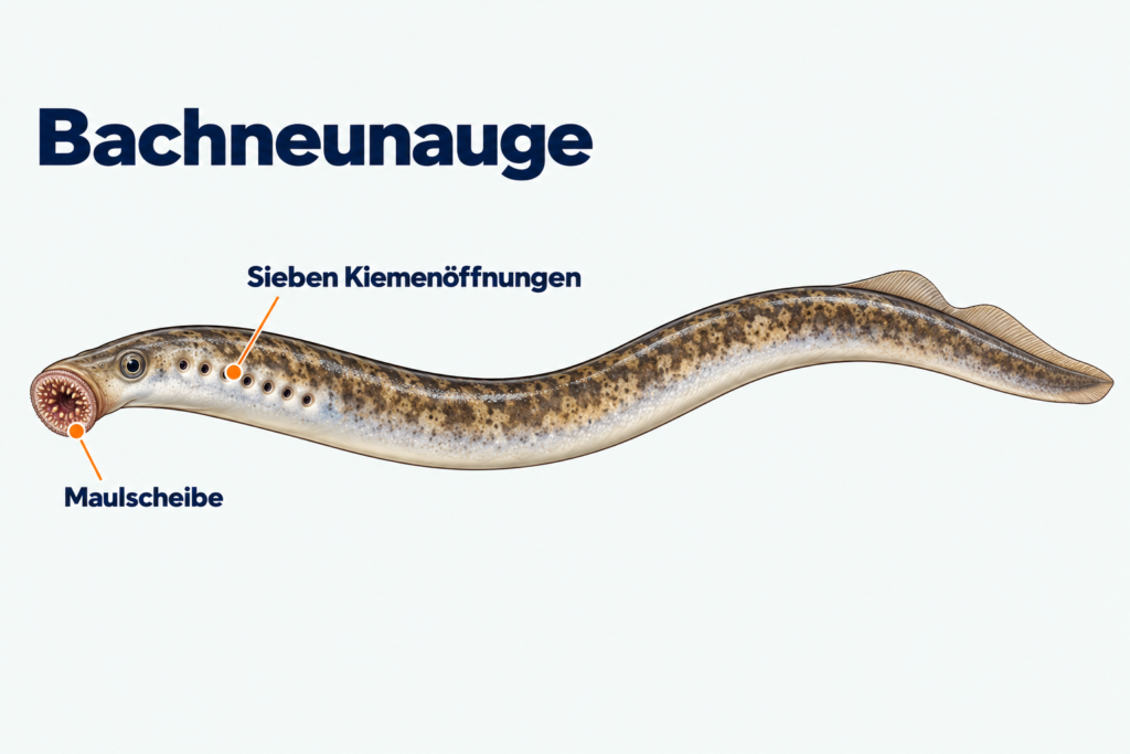 Seitliche Lernzeichnung Bachneunauge mit markierten Erkennungsmerkmalen