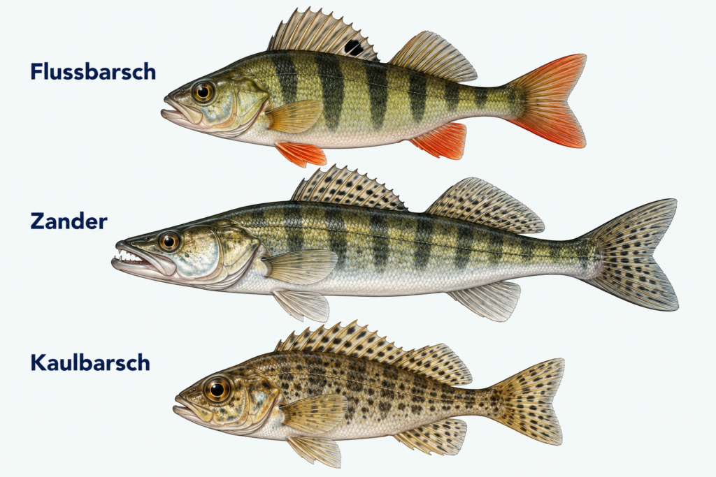 Drei seitliche Fischzeichnungen zum Vergleich der Rückenflossen bei Flussbarsch, Zander und Kaulbarsch