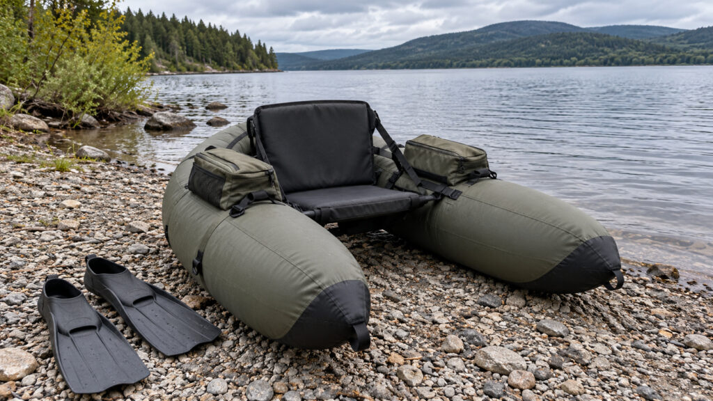 Belly Boat und Flossen an Land Leeres U-förmiges Belly Boat mit Sitz und zwei getrennt liegenden Flossen am Kiesufer