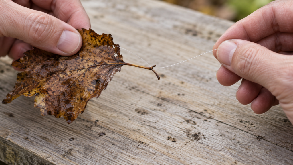 Eine Hand hält ein braunes Blatt, dessen Stiel an einer dünnen losen Angelschnur hängt; die andere Hand hält die Schnur mit Abstand.