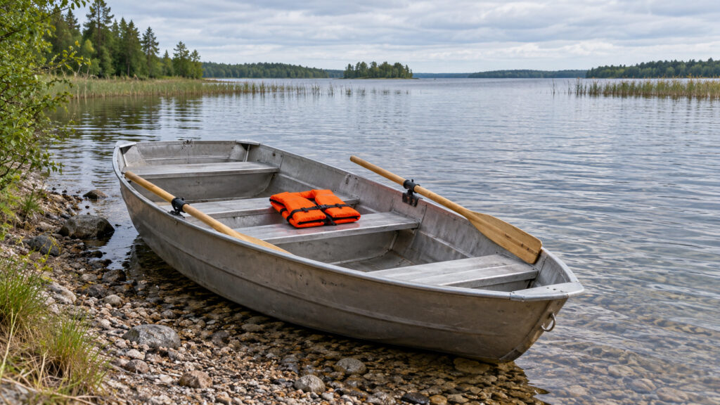 Leeres Aluminiumruderboot mit Rudern und orangefarbener Weste am flachen Kiesufer