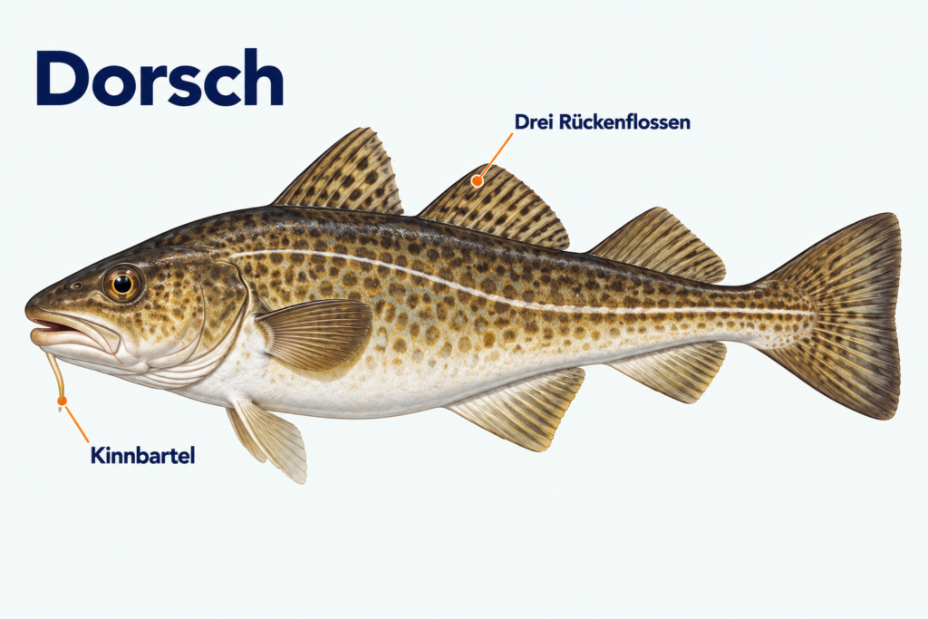 Dorsch mit drei getrennten Rückenflossen und einer Kinnbartel