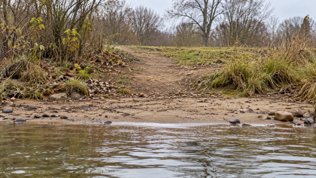Ein kurzer breiter Erdweg führt zu einer flachen sandigen Wasserlinie an einem ruhigen Gewässer; die angrenzenden Büsche lassen den Zugang frei.