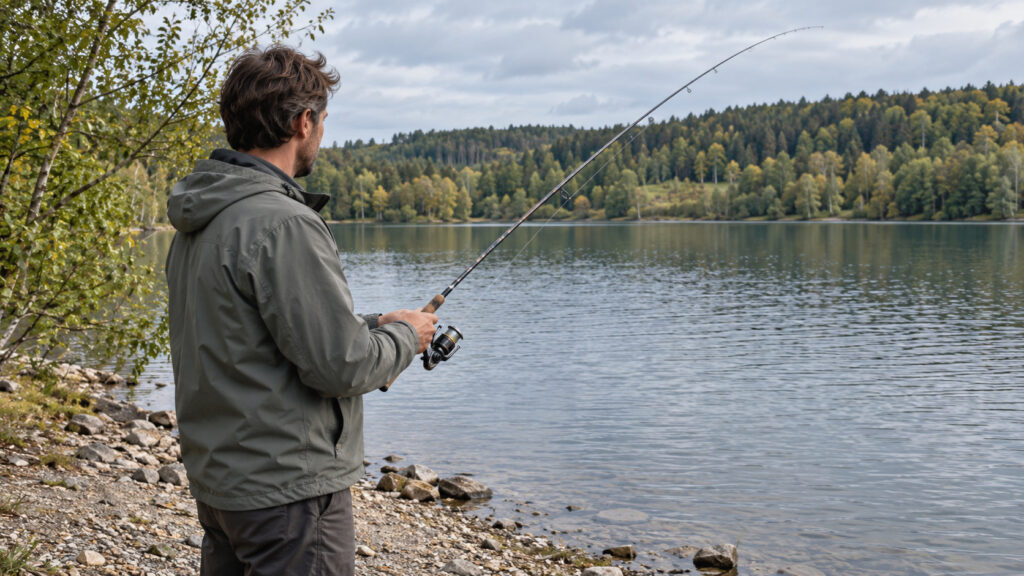 Angler mit mäßig angehobener Rute an einem breiten Seeufer