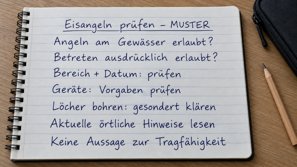 Muster-Notizseite mit getrennten Fragen zur Angelerlaubnis, Betretung und zum Bohren von Löchern.