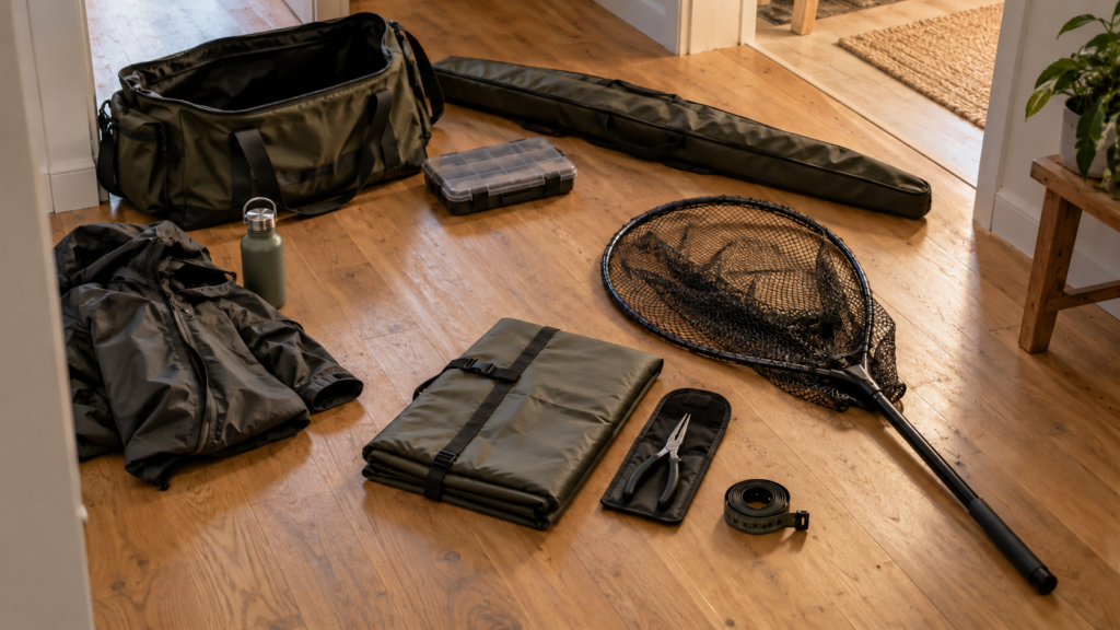 Offene Tasche, geschlossenes Rutenfutteral und Köderbox, leerer Kescher mit einem Stiel, gefaltete Polsterunterlage, Zange in einer offenen Schutzhülle, gerolltes Maßband, Jacke und Trinkflasche auf einem Holzboden.