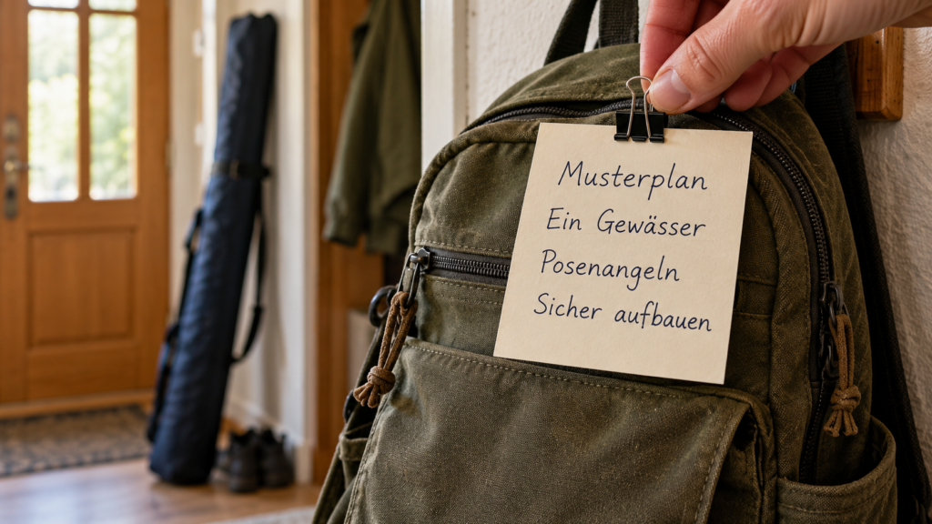 Am Rucksack hängt eine Karte mit „Musterplan“, „Ein Gewässer“, „Posenangeln“ und „Sicher aufbauen“; daneben steht ein geschlossenes Futteral.