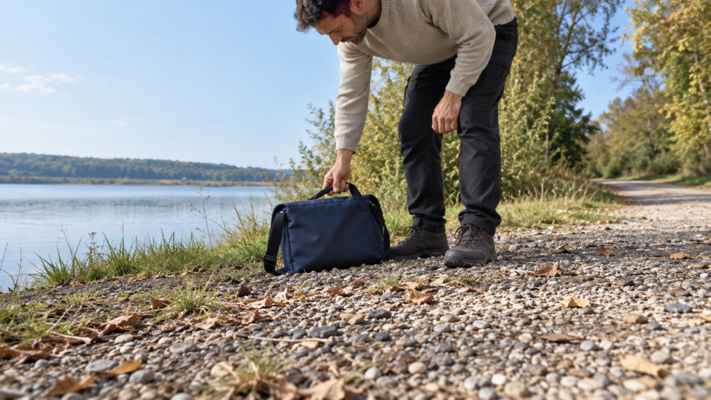 Eine Person stellt eine geschlossene Tasche auf Kies neben ihre Schuhe und schaut auf den Boden; dahinter verläuft ein Weg.