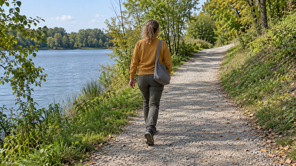 Eine Person mit Schultertasche geht ohne Angel auf einem hellen Kiesweg neben einem See.