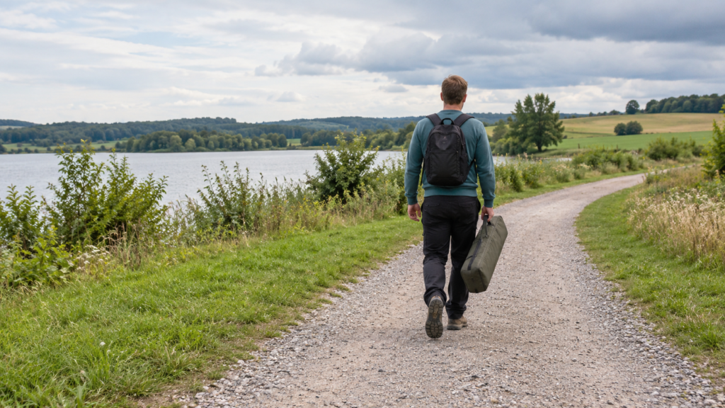 Eine Person trägt ein geschlossenes Rutenfutteral und einen Rucksack auf einem hellen Kiesweg vom Wasser weg.