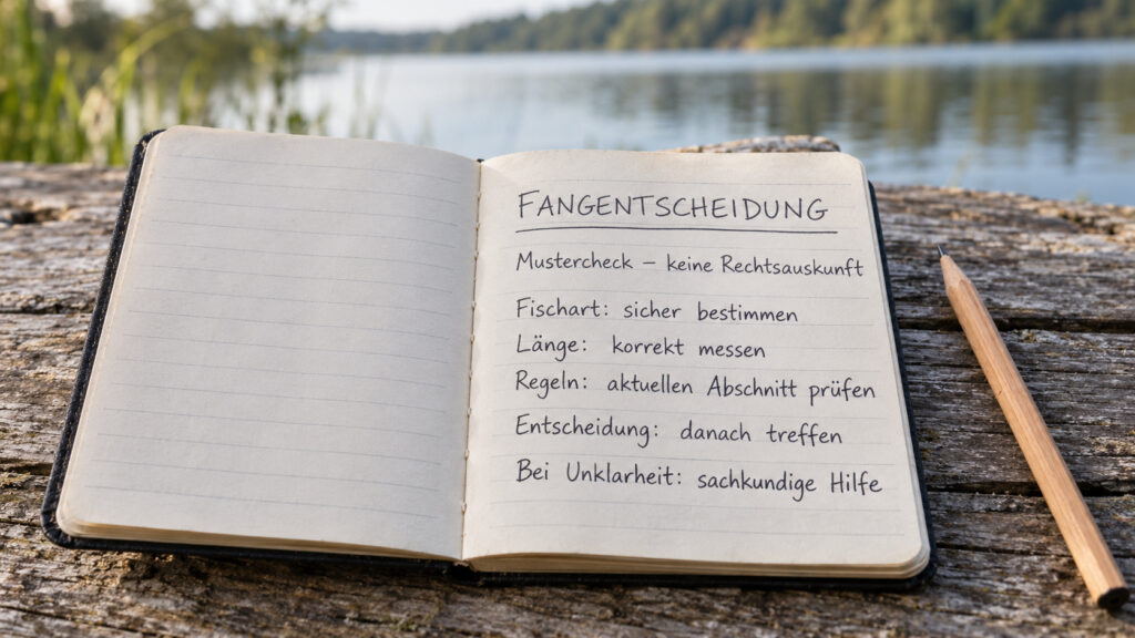 Notizbuch mit Mustercheck zu Fischart, korrekter Messung, aktuellen Regeln und Fangentscheidung