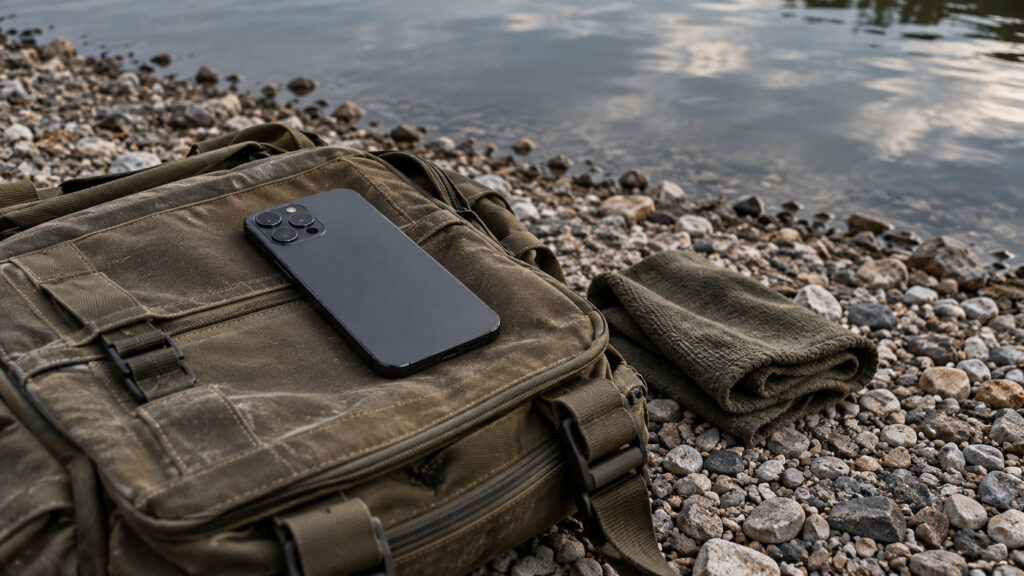 Schlichtes Smartphone auf einer Angeltasche am Kiesufer