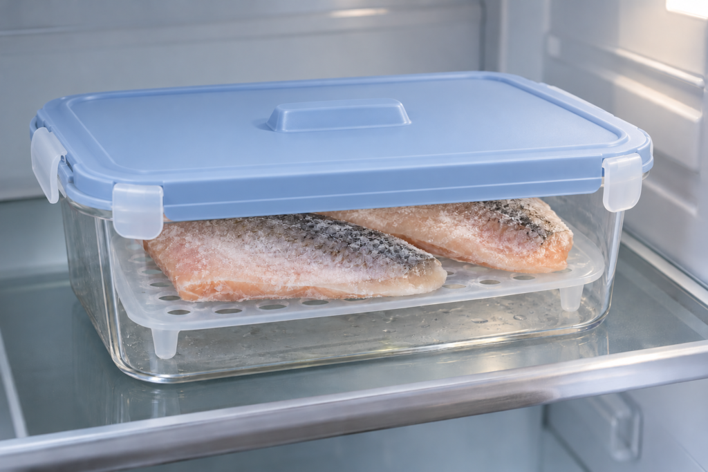 Unverpackte gefrorene Fischportionen auf einem erhöhten Abtropfeinsatz in einer mit blauem Deckel geschlossenen Glasbox im Kühlschrank