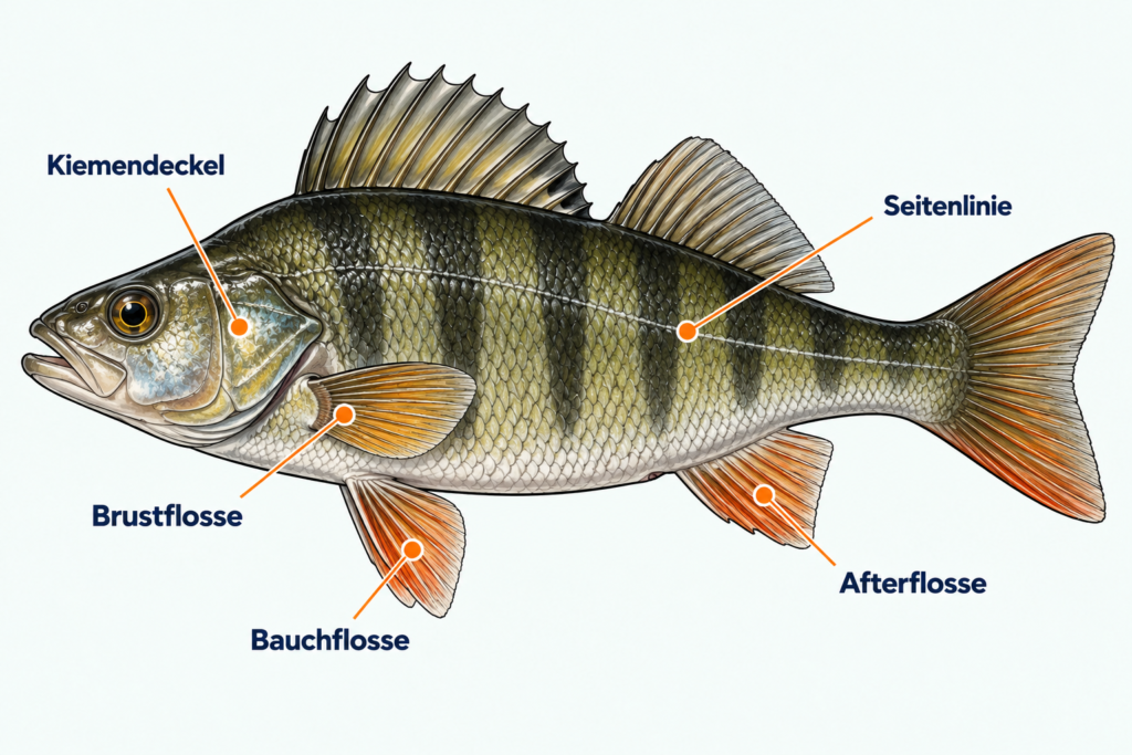 Detailreiche Lernzeichnung eines barschartigen Fisches mit markiertem Kiemendeckel, Brustflosse, Bauchflosse, Afterflosse und Seitenlinie