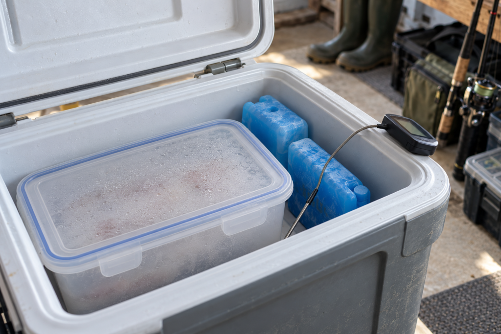 Geöffnete Kühlbox mit geschlossenem Lebensmittelbehälter, blauen Kühlakkus und einem Thermometer mit Fühler im Innenraum